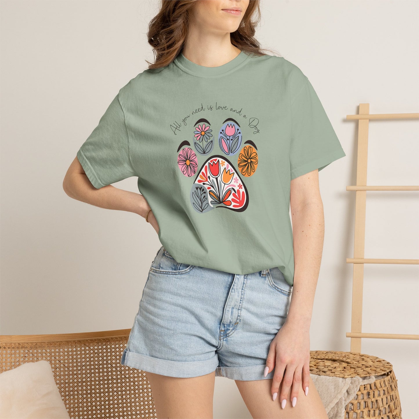 Floral Paw Print T-Shirt — "All you need is love and dogs"