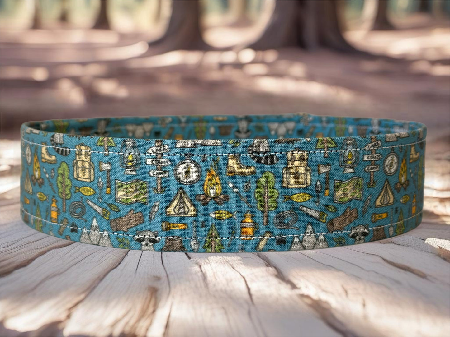Outdoors Camping Woodland Doodle with campfire, Raccoon, Mountains, Trees Fabric Wrapped Dog Collar