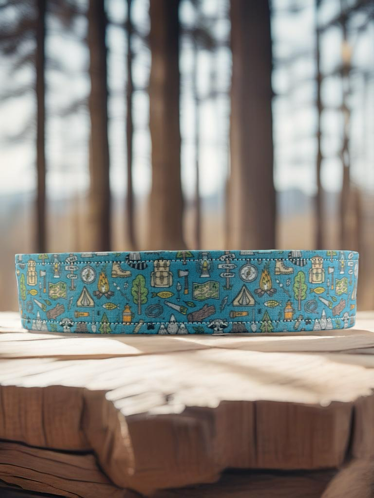 Outdoors Camping Woodland Doodle with campfire, Raccoon, Mountains, Trees Fabric Wrapped Dog Collar