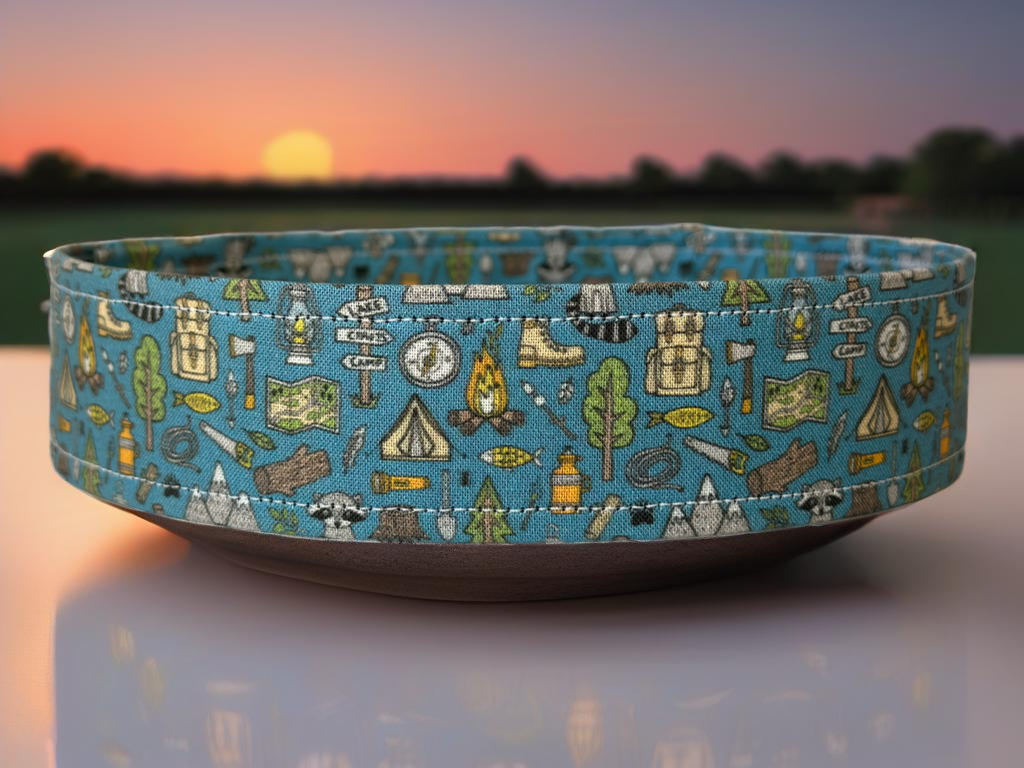 Outdoors Camping Woodland Doodle with campfire, Raccoon, Mountains, Trees Fabric Wrapped Dog Collar