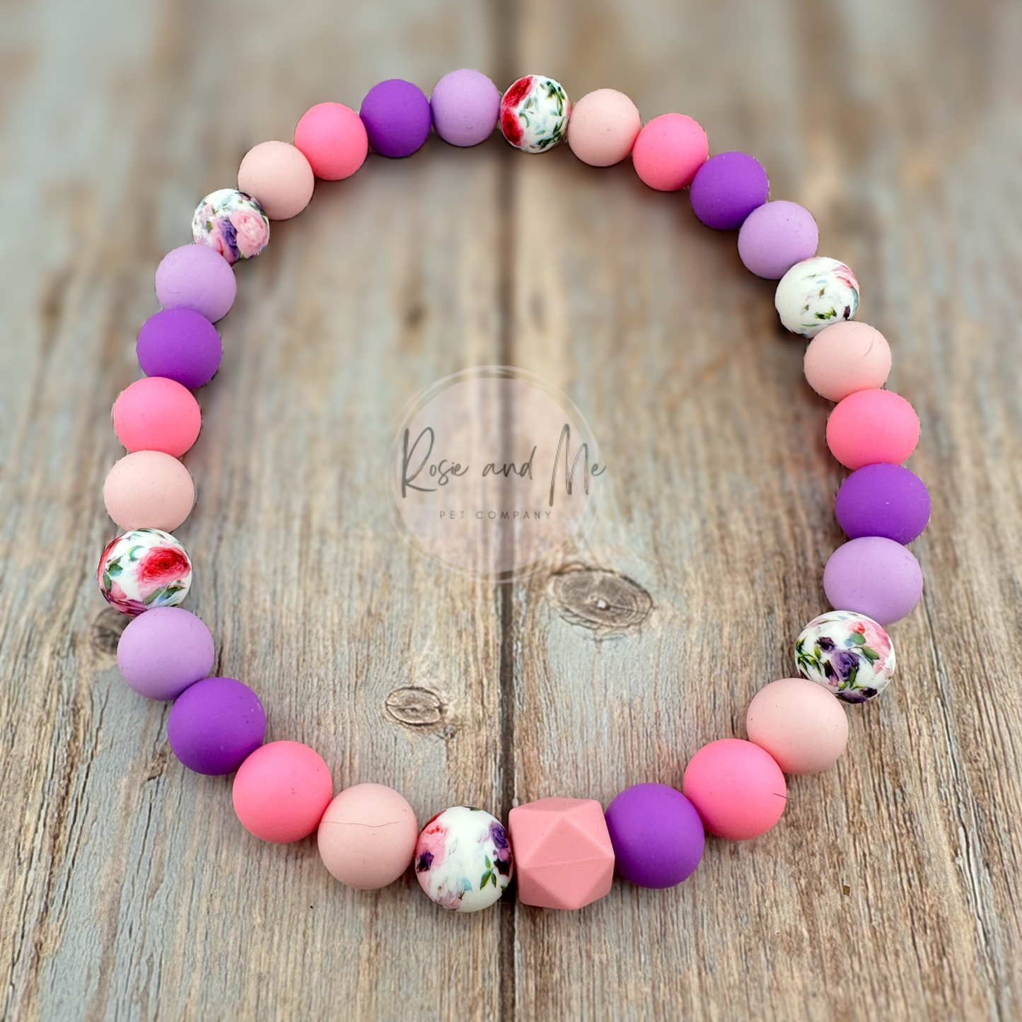 Personalized Rose Pink and Purple Beaded Dog Necklace
