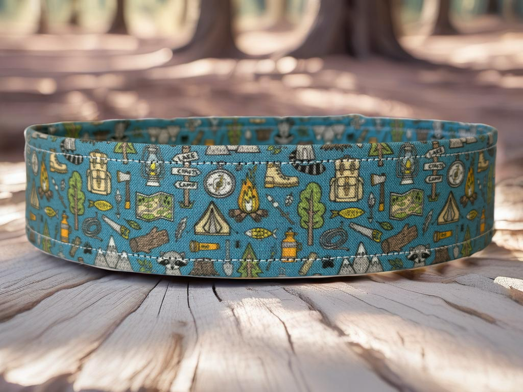 Outdoors Camping Woodland Doodle with campfire, Raccoon, Mountains, Trees Fabric Wrapped Dog Collar
