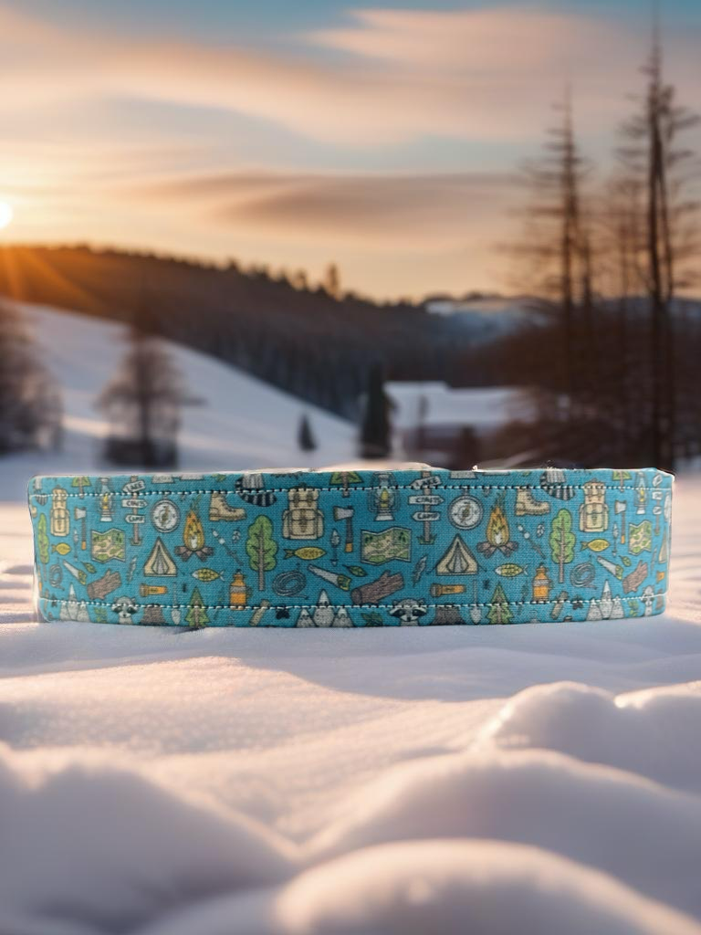 Outdoors Camping Woodland Doodle with campfire, Raccoon, Mountains, Trees Fabric Wrapped Dog Collar