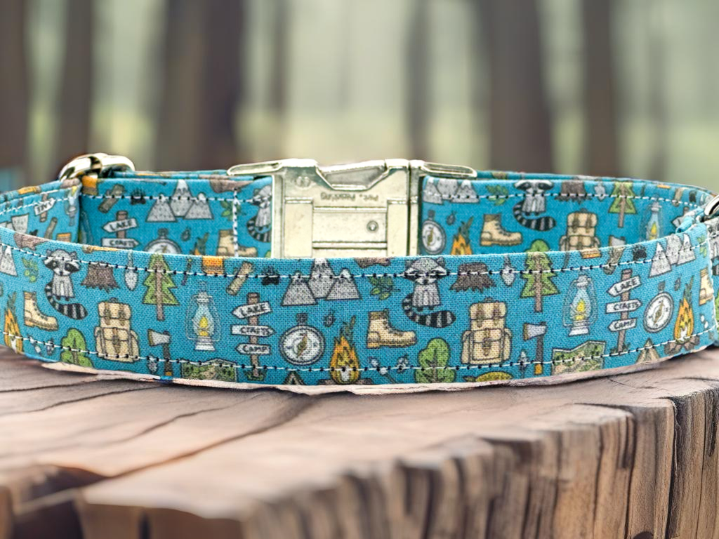 Outdoors Camping Woodland Doodle with campfire, Raccoon, Mountains, Trees Fabric Wrapped Dog Collar