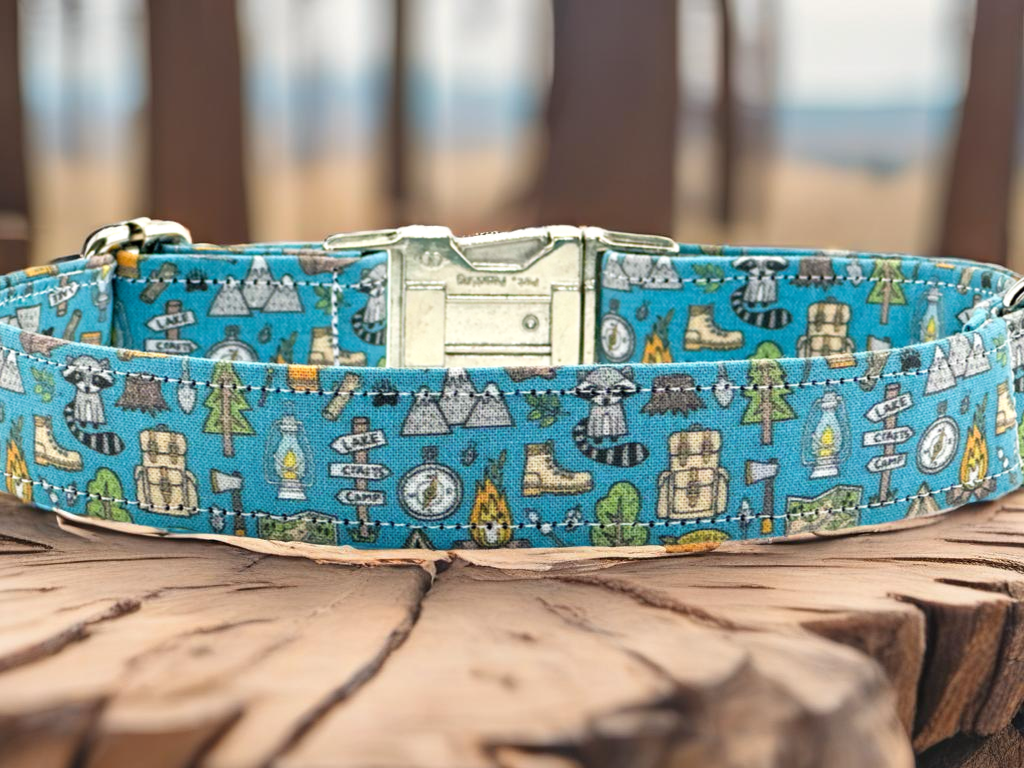 Outdoors Camping Woodland Doodle with campfire, Raccoon, Mountains, Trees Fabric Wrapped Dog Collar
