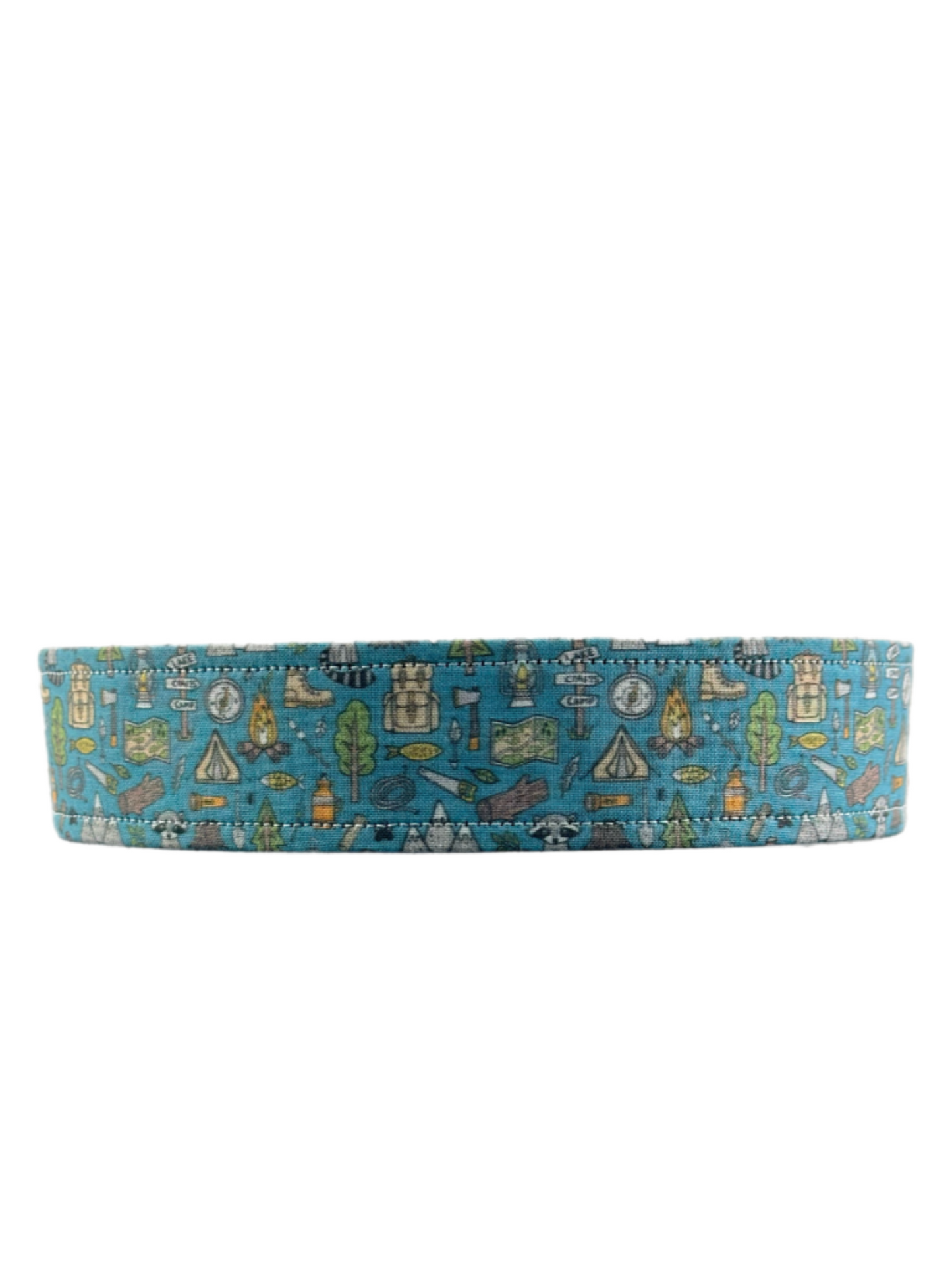 Outdoors Camping Woodland Doodle with campfire, Raccoon, Mountains, Trees Fabric Wrapped Dog Collar