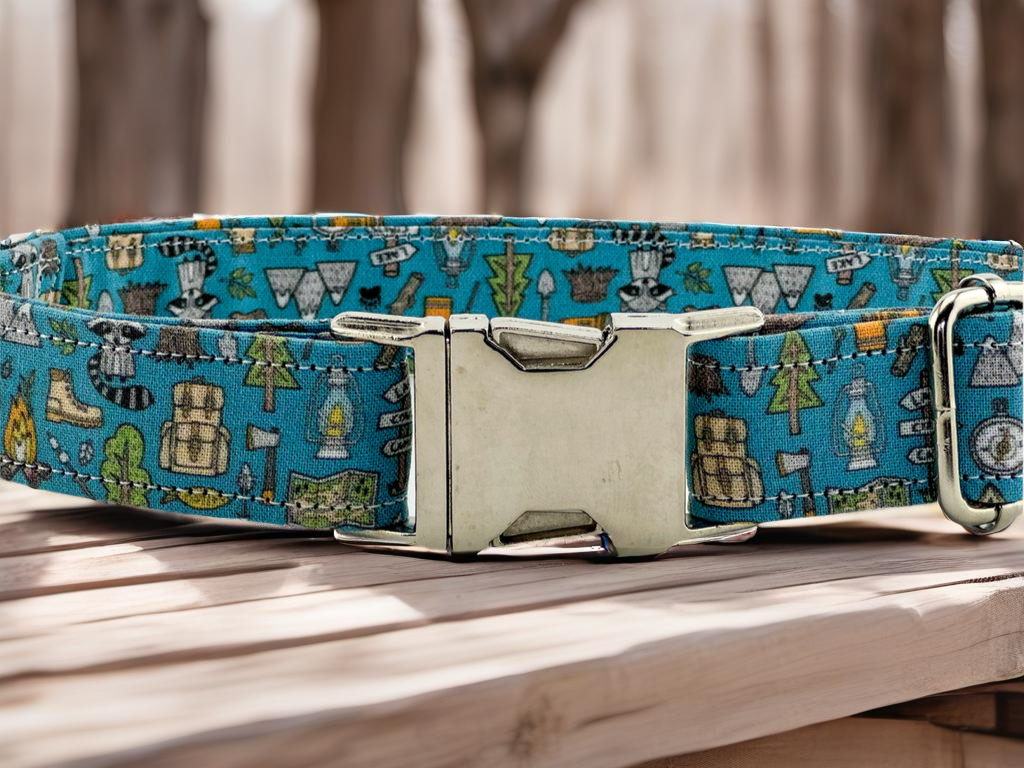 Outdoors Camping Woodland Doodle with campfire, Raccoon, Mountains, Trees Fabric Wrapped Dog Collar