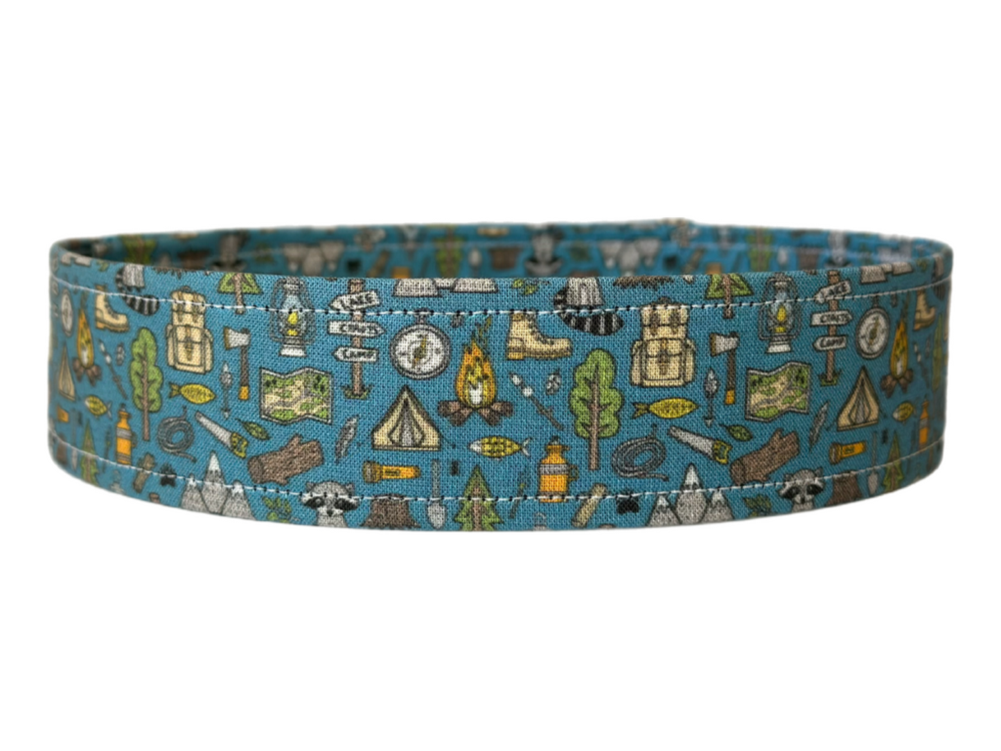 Outdoors Camping Woodland Doodle with campfire, Raccoon, Mountains, Trees Fabric Wrapped Dog Collar