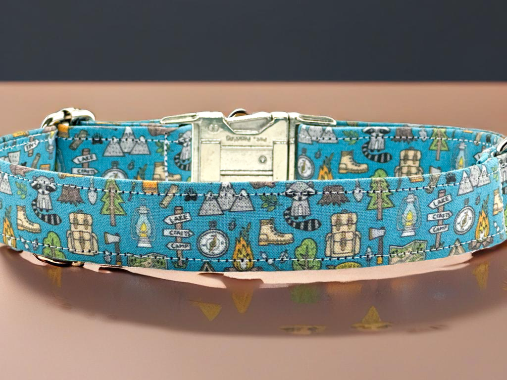 Outdoors Camping Woodland Doodle with campfire, Raccoon, Mountains, Trees Fabric Wrapped Dog Collar