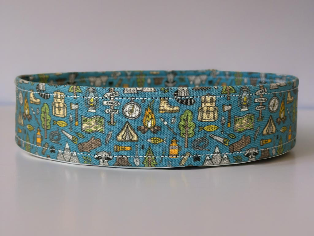 Outdoors Camping Woodland Doodle with campfire, Raccoon, Mountains, Trees Fabric Wrapped Dog Collar