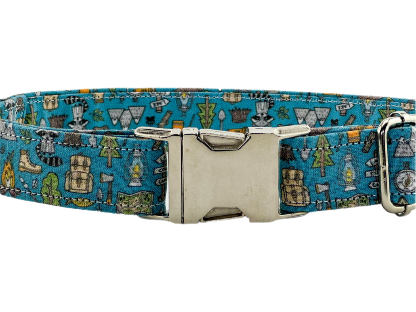 Outdoors Camping Woodland Doodle with campfire, Raccoon, Mountains, Trees Fabric Wrapped Dog Collar