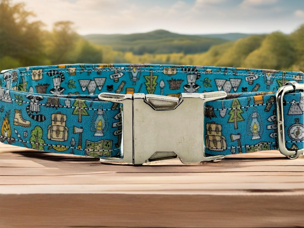 Outdoors Camping Woodland Doodle with campfire, Raccoon, Mountains, Trees Fabric Wrapped Dog Collar