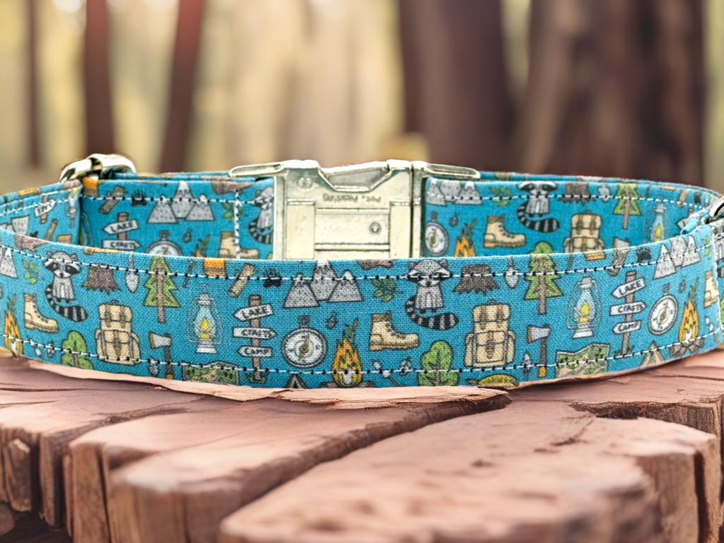 Outdoors Camping Woodland Doodle with campfire, Raccoon, Mountains, Trees Fabric Wrapped Dog Collar