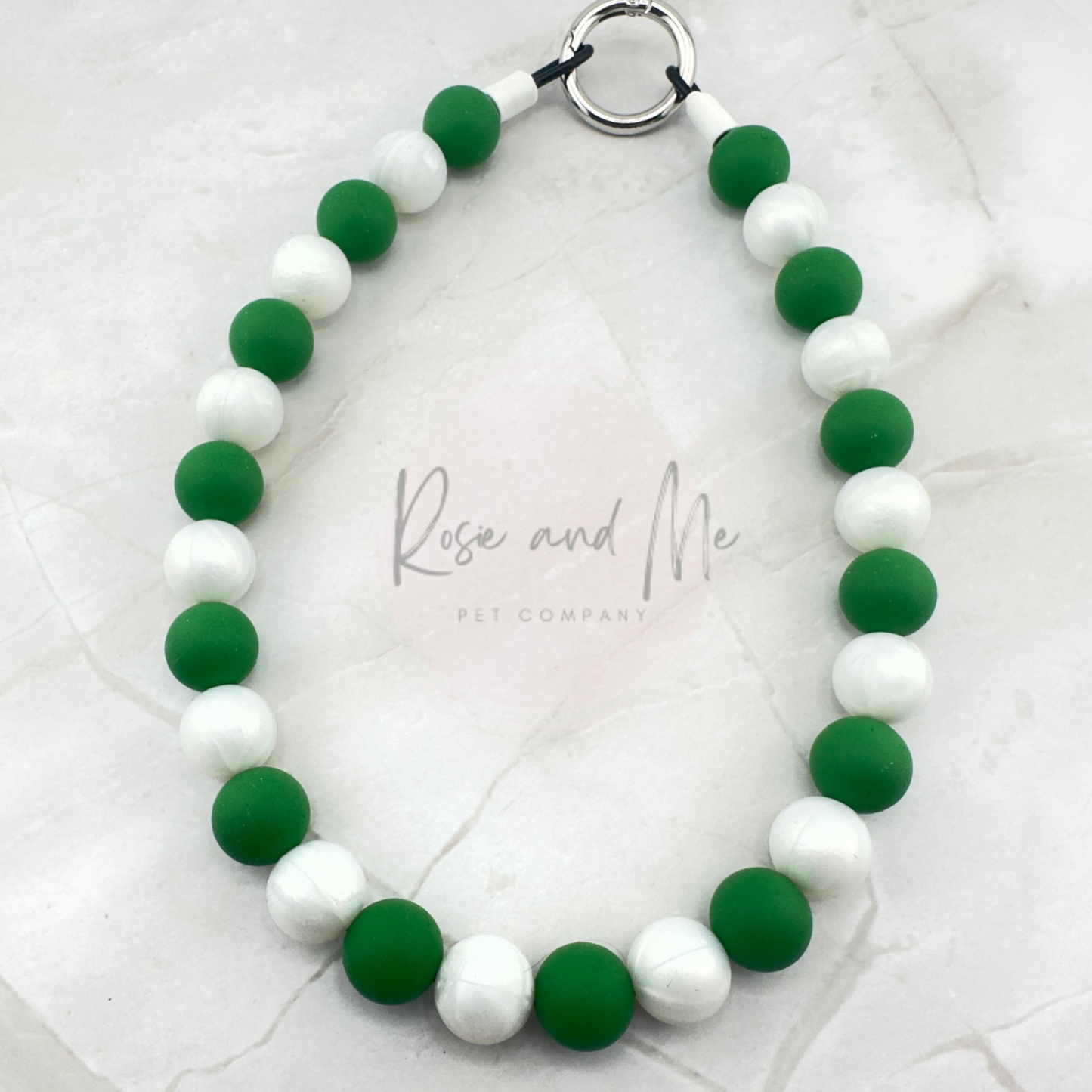 Green and White Beaded Dog Necklace with Personalization