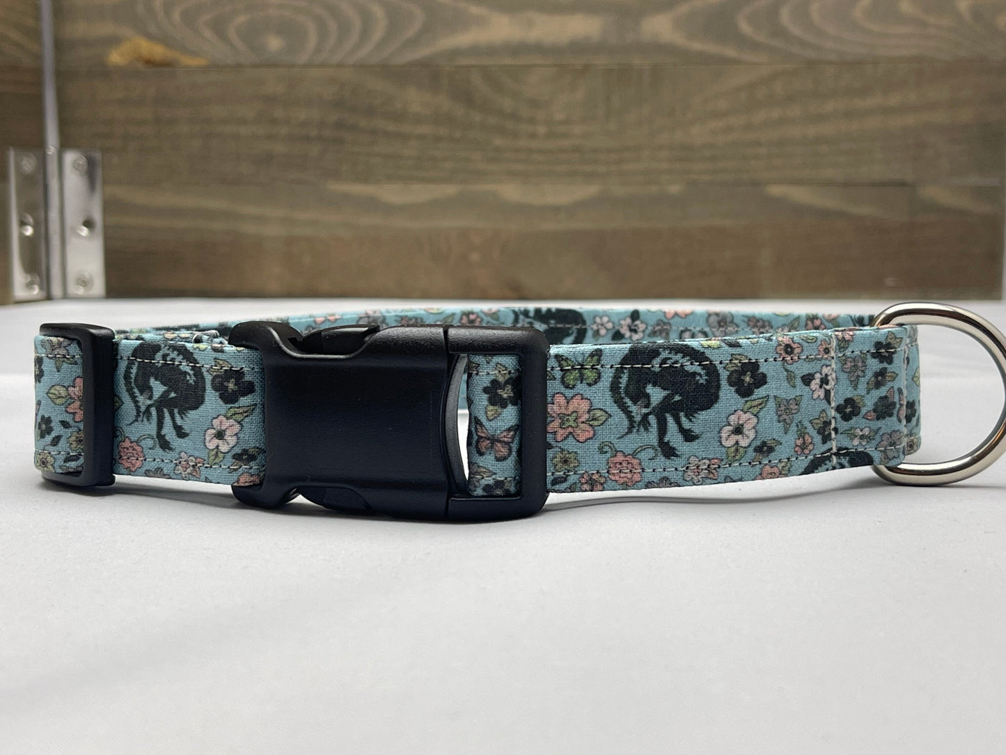 Alien Inspired Blue Floral Fabric Wrapped Dog Collar