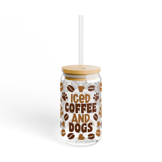 Cute Iced Coffee and Dogs Sipper Glass - 16oz Pet Lover's Drinkware