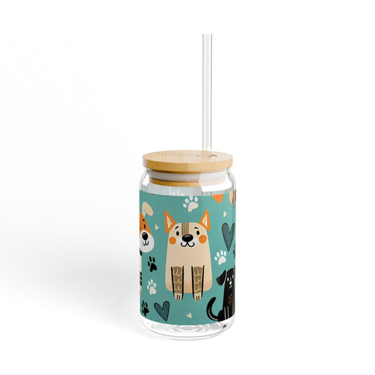 Cute Pet-Themed Sipper Glass, 16oz with Bamboo Lid - Perfect for Animal Lovers
