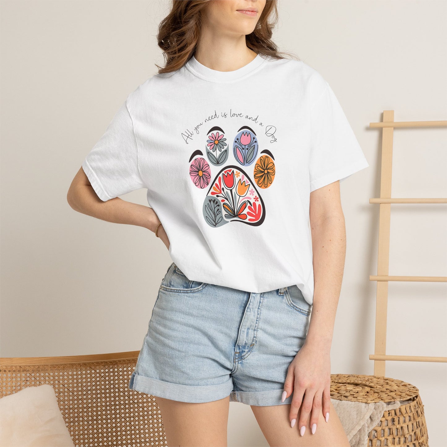 Floral Paw Print T-Shirt — "All you need is love and dogs"