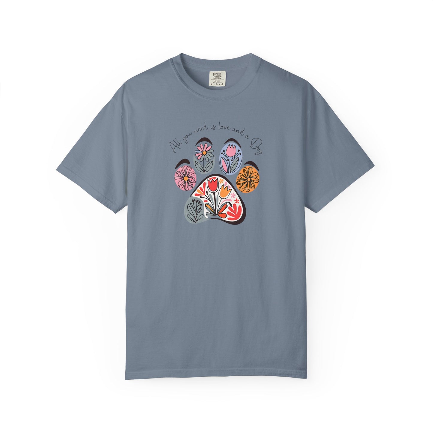 Floral Paw Print T-Shirt — "All you need is love and dogs"