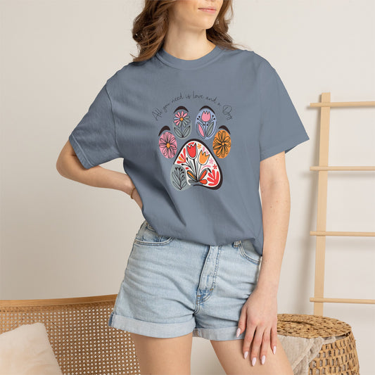 Floral Paw Print T-Shirt — "All you need is love and dogs"
