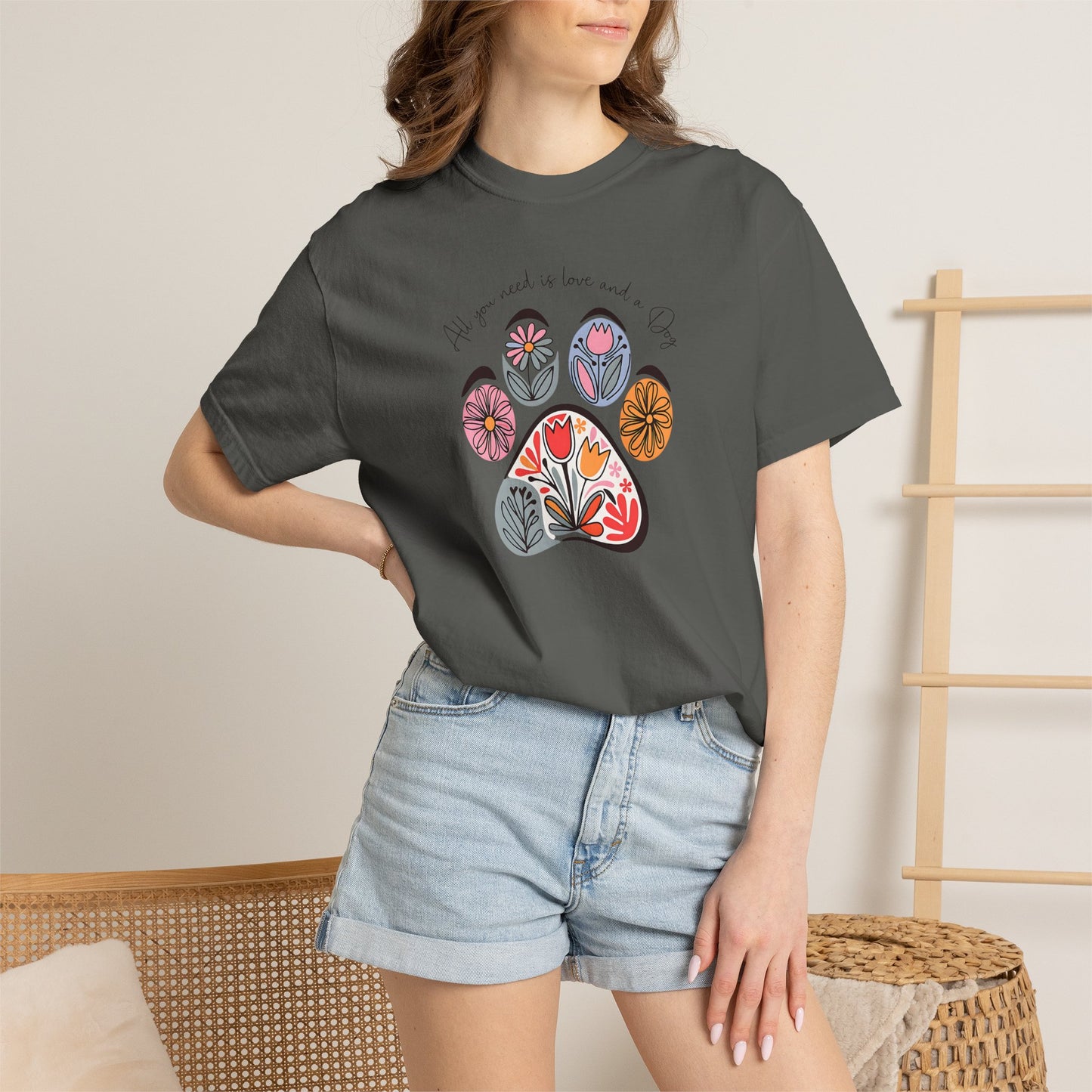 Floral Paw Print T-Shirt — "All you need is love and dogs"