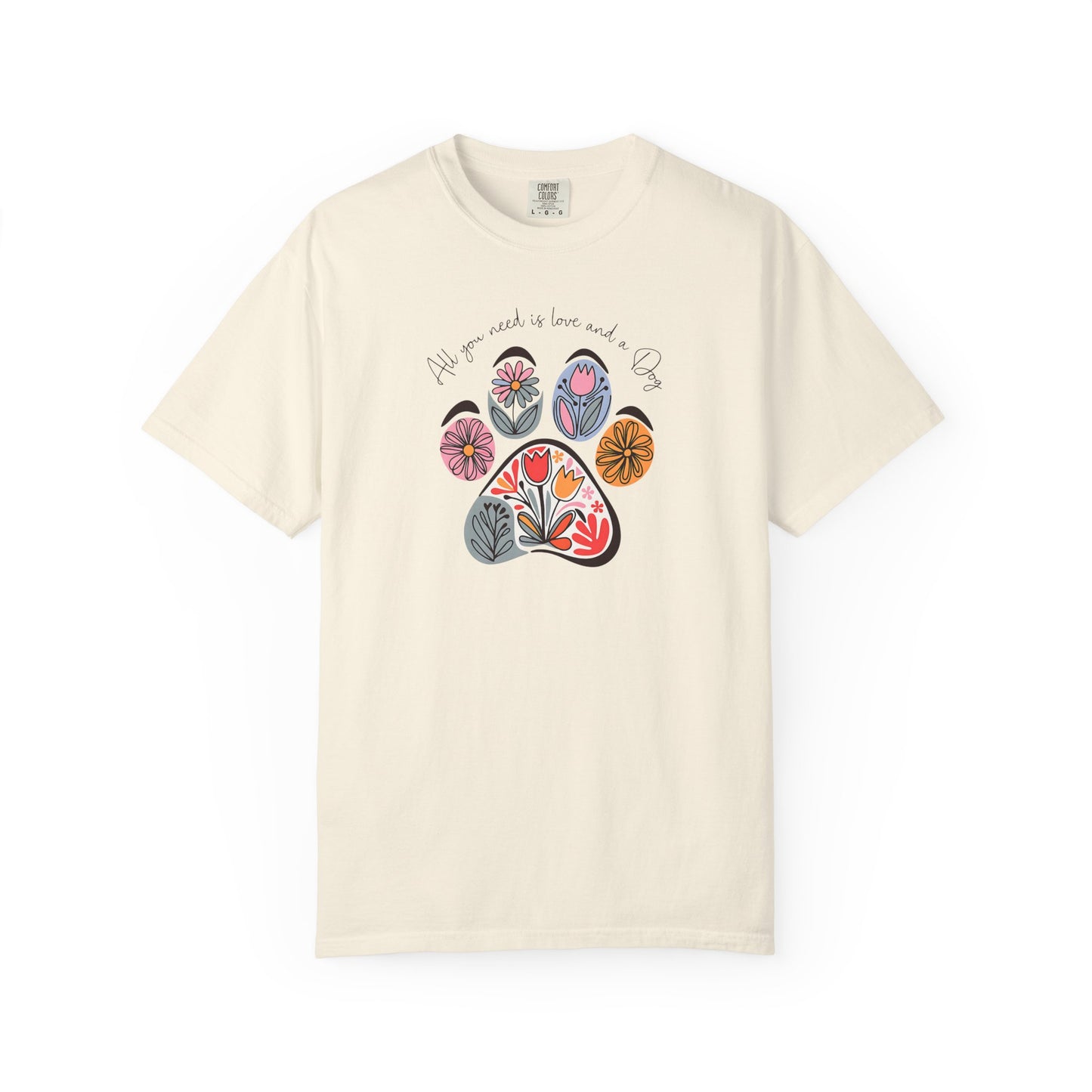 Floral Paw Print T-Shirt — "All you need is love and dogs"