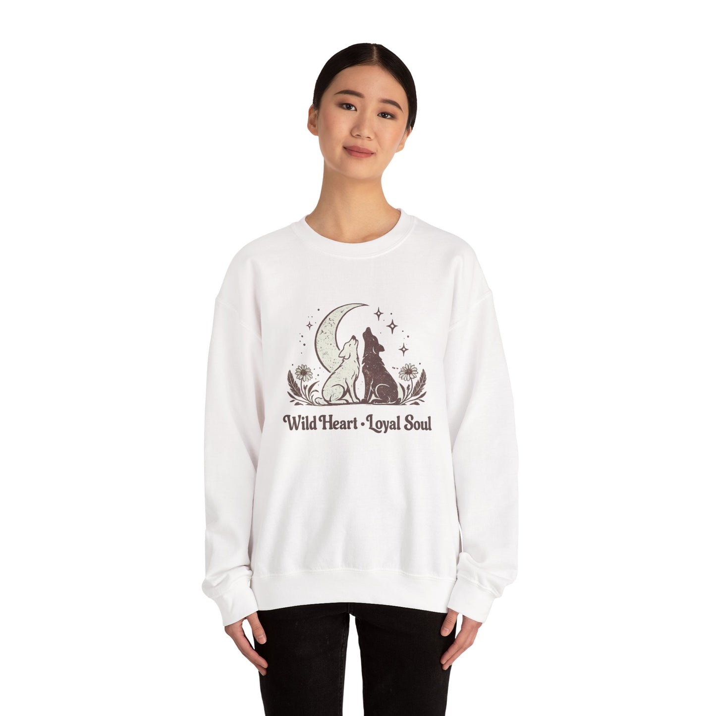 Wild Heart Loyal Soul Sweatshirt — Moonlit Howling Wolf Graphic Crewneck