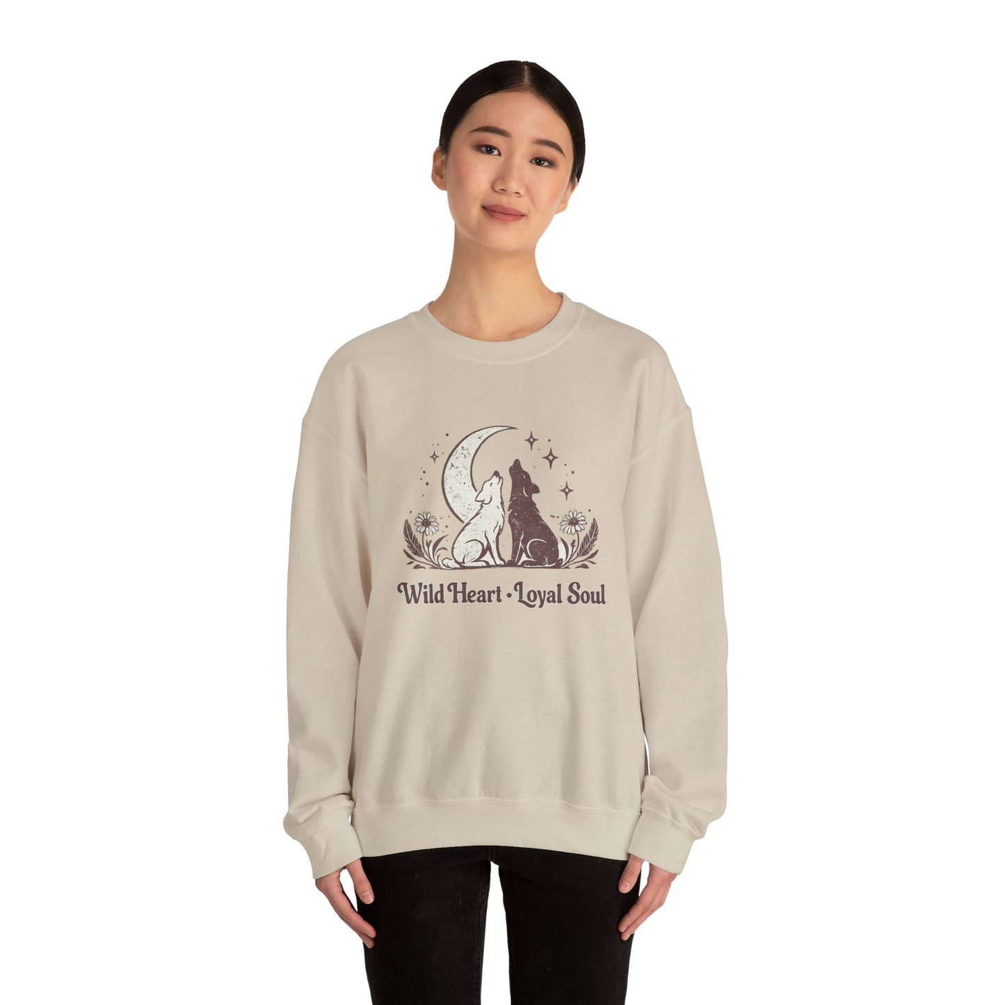 Wild Heart Loyal Soul Sweatshirt — Moonlit Howling Wolf Graphic Crewneck