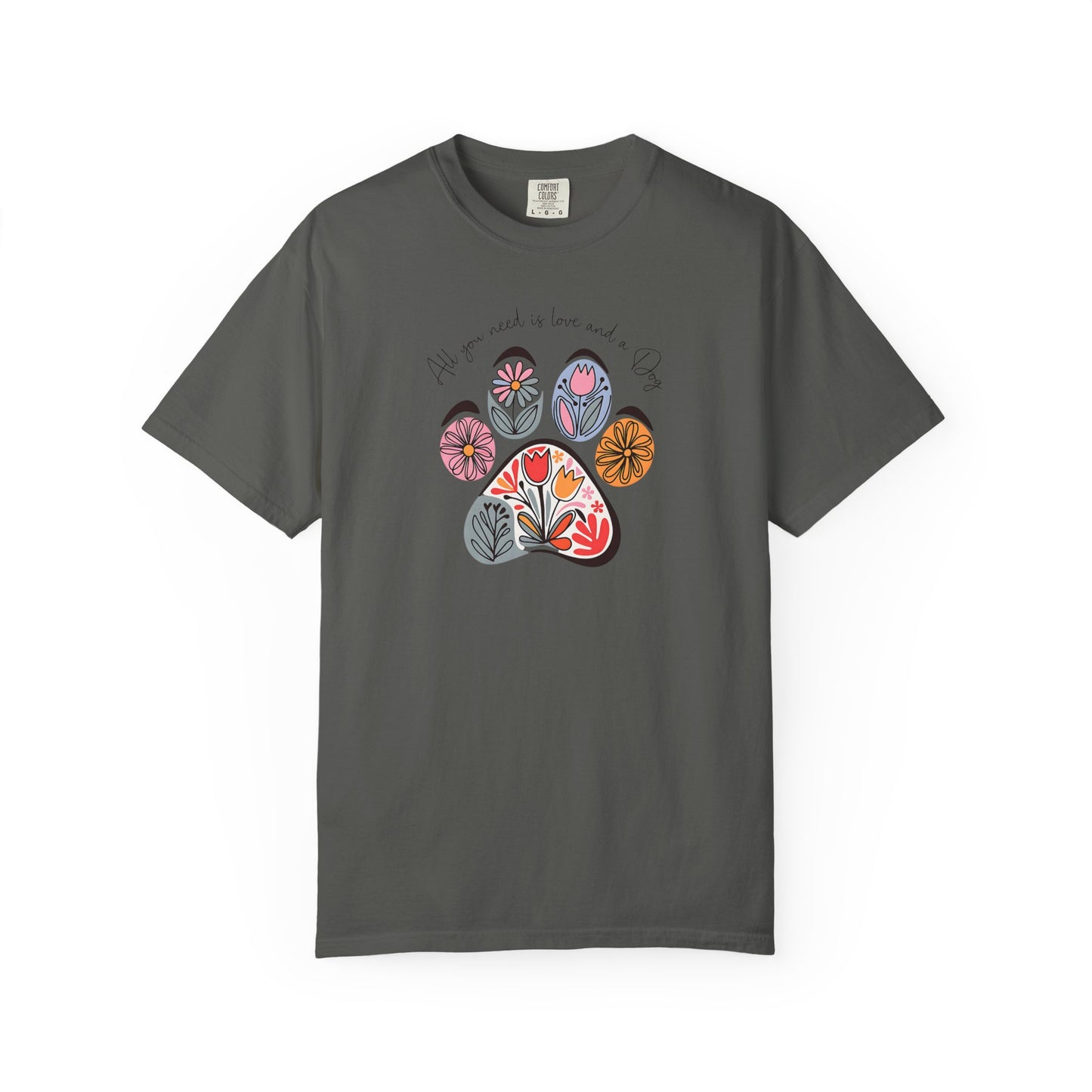Floral Paw Print T-Shirt — "All you need is love and dogs"