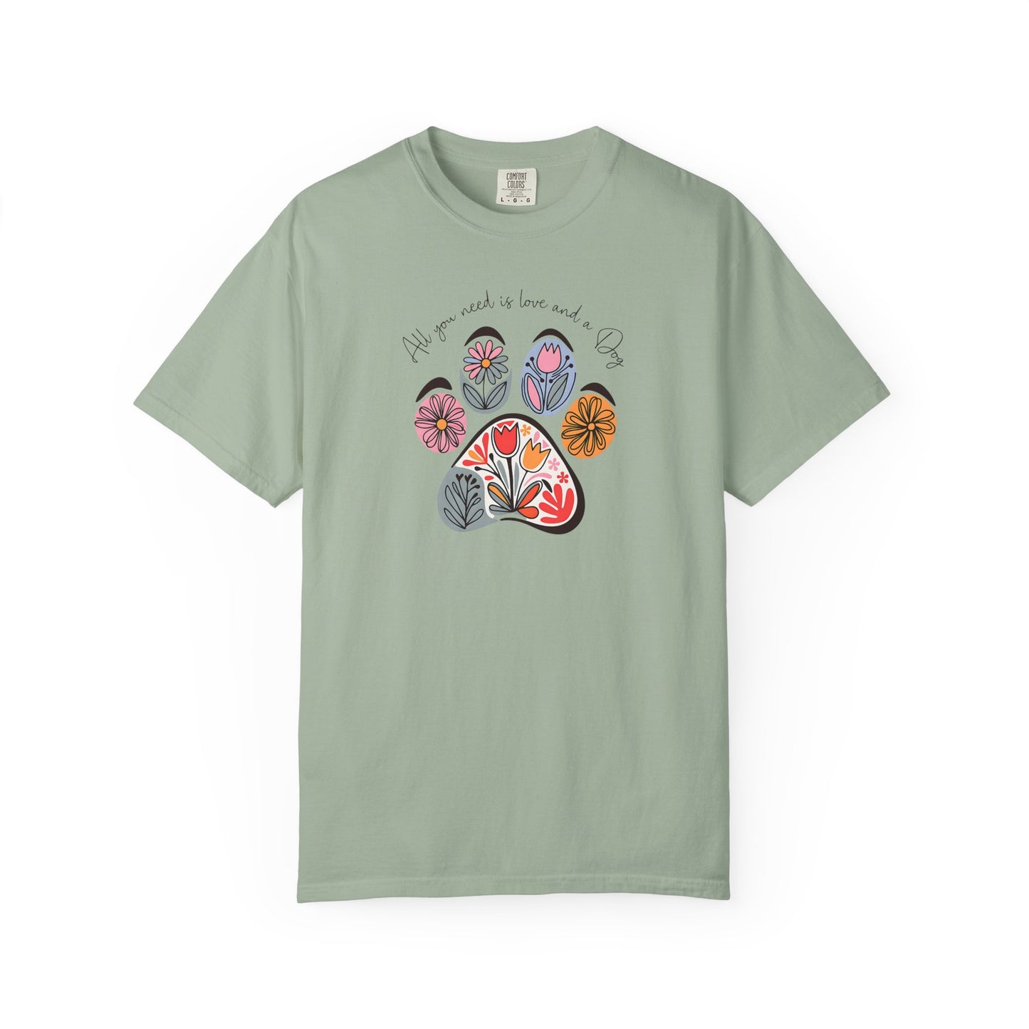 Floral Paw Print T-Shirt — "All you need is love and dogs"