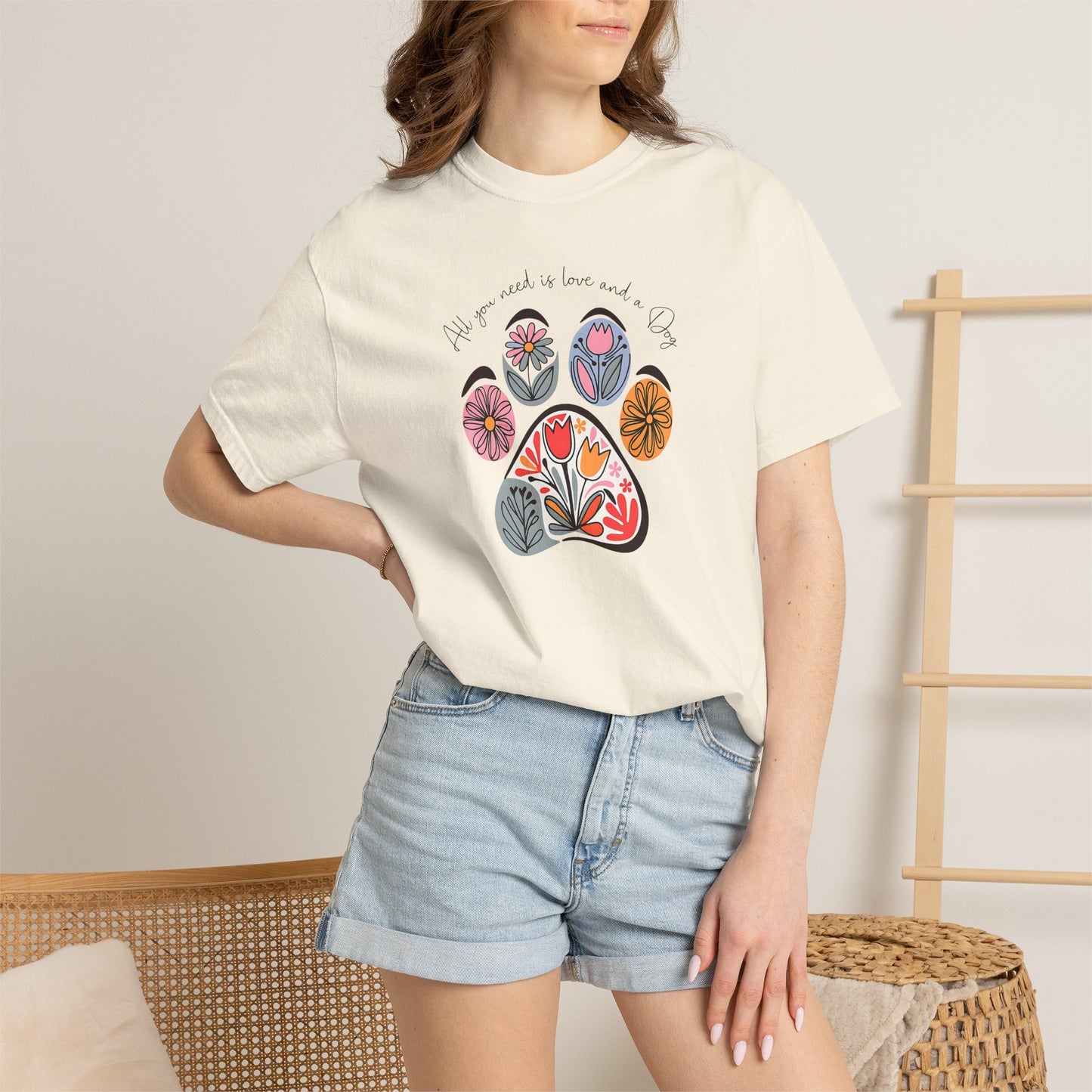 Floral Paw Print T-Shirt — "All you need is love and dogs"