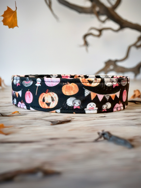 Black and Pastel Pumpkin and Ghost Halloween Goth Dog Collar