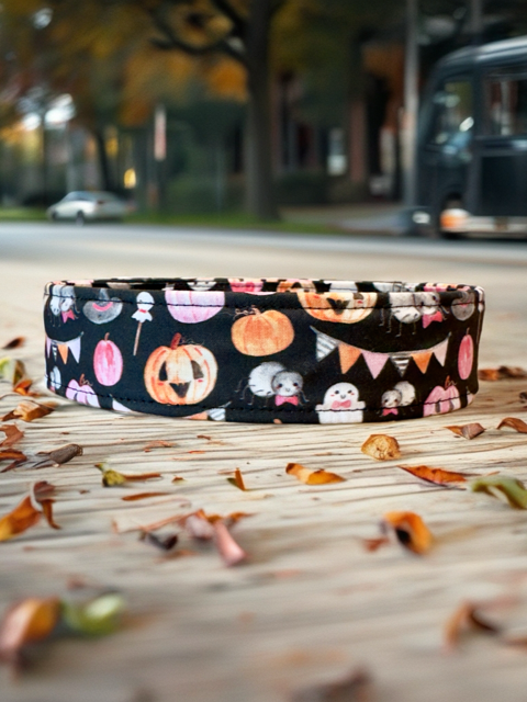 Black and Pastel Pumpkin and Ghost Halloween Goth Dog Collar