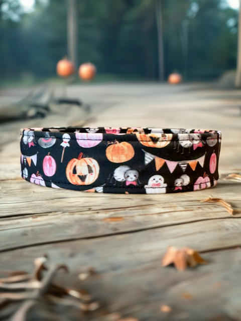 Black and Pastel Pumpkin and Ghost Halloween Goth Dog Collar