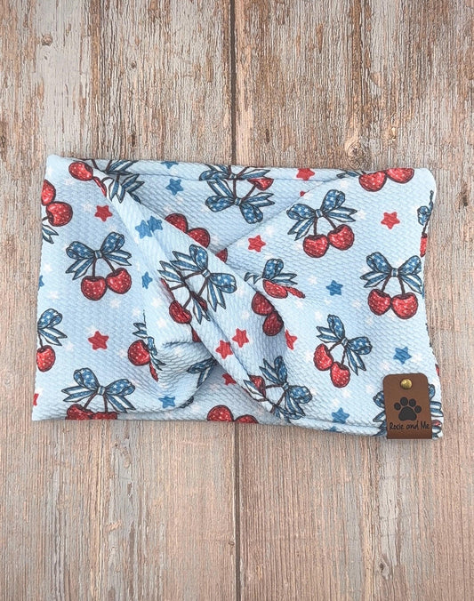 Bow with Cherry Red, White and Blue Dog Bandana: Soft Stretchy lightweight Infinity Scarf