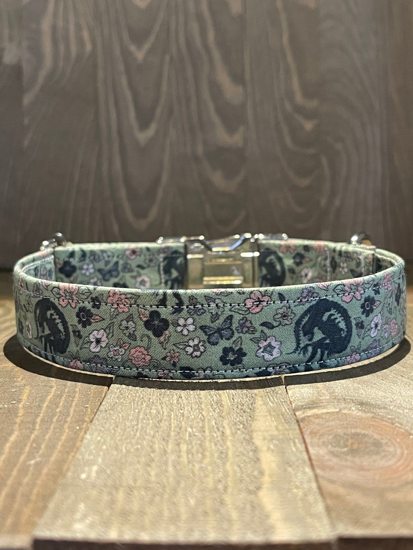 Alien Inspired Green Floral Fabric Wrapped Dog Collar