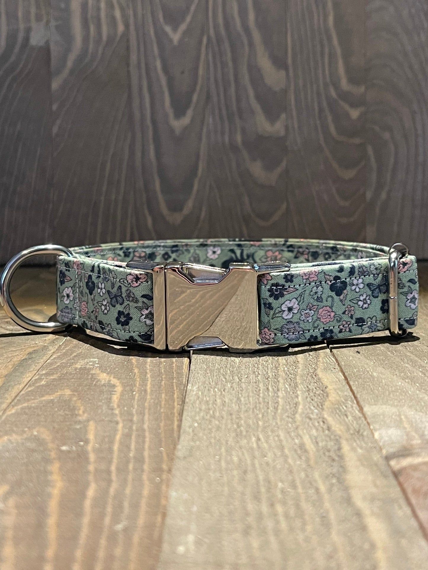 Alien Inspired Green Floral Fabric Wrapped Dog Collar