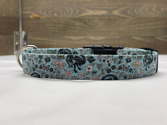 Alien Inspired Blue Floral Fabric Wrapped Dog Collar